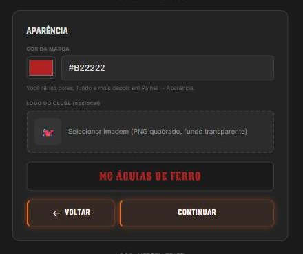 Tela 2 do assistente, com o seletor de cor, o envio da logo e a prévia do nome