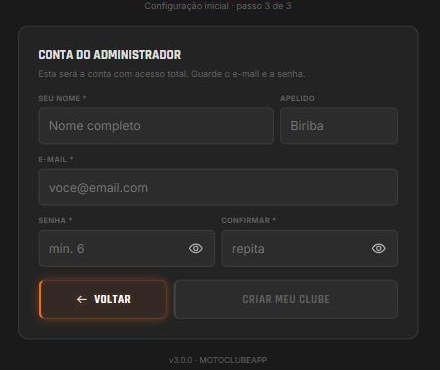 Tela 3 do assistente, com os campos da conta e o botão CRIAR MEU CLUBE ainda apagado