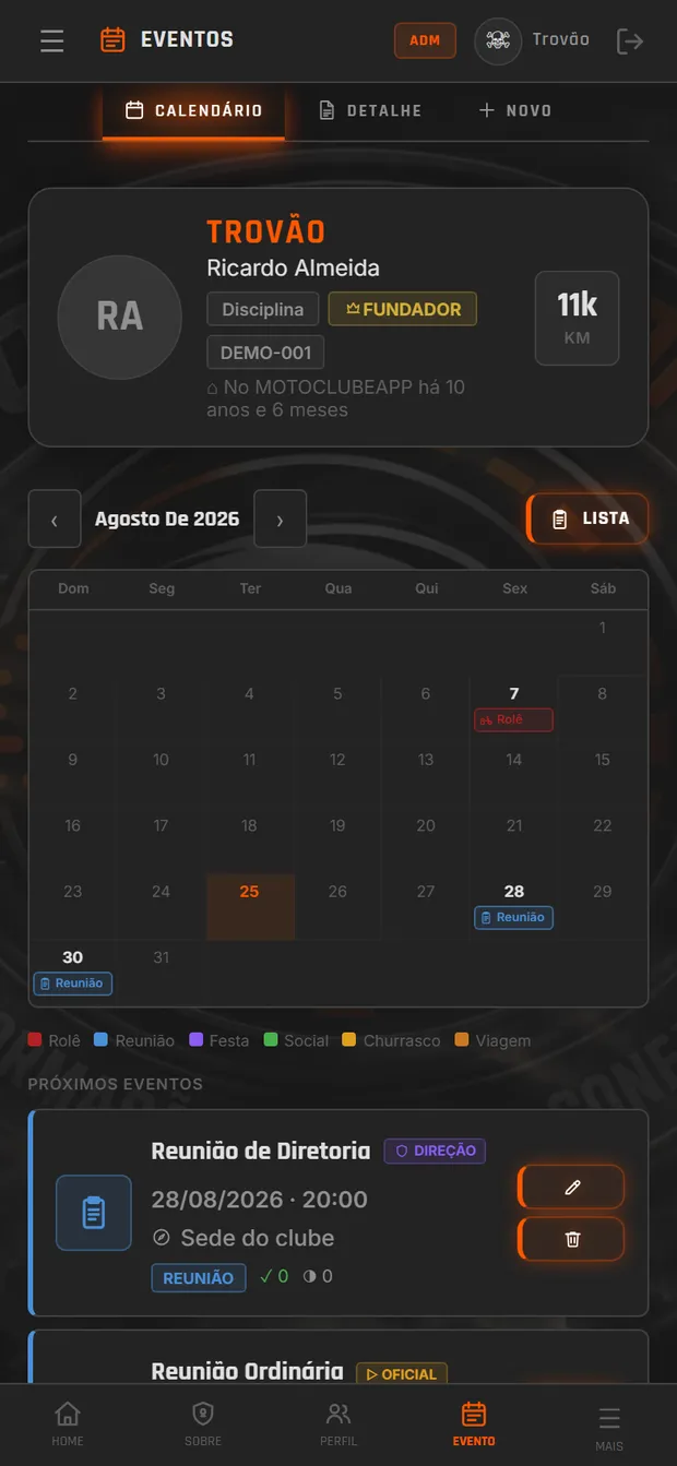 Calendário do clube com os próximos eventos