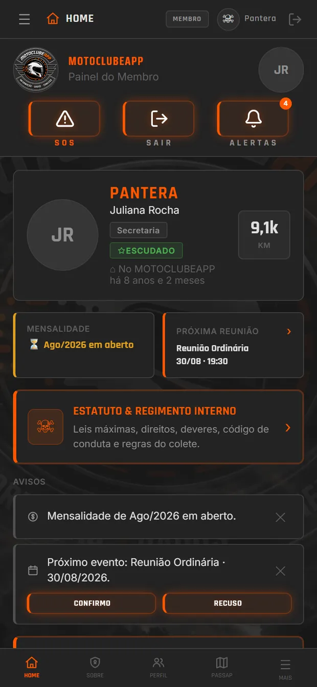 Tela inicial do app, com avisos, mensalidade e próximo evento